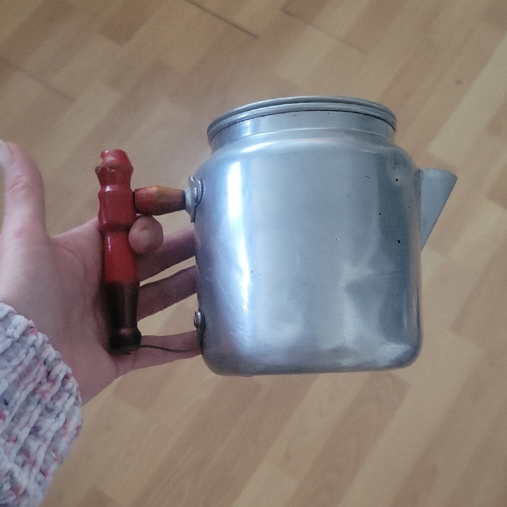 Vintage Silver Teapot with Red Handle